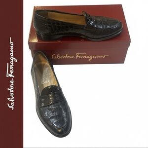 Salvatore Ferragamo Black Alligator Leather Shoes Size 8.5 D Made in Italy